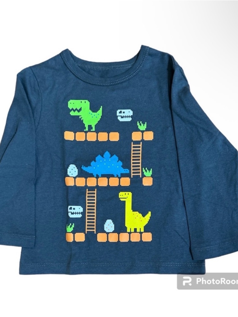 Boys Blue Pixel Video Game Dinosaur Long Sleeve Graphic T-Shirt 12/18M
